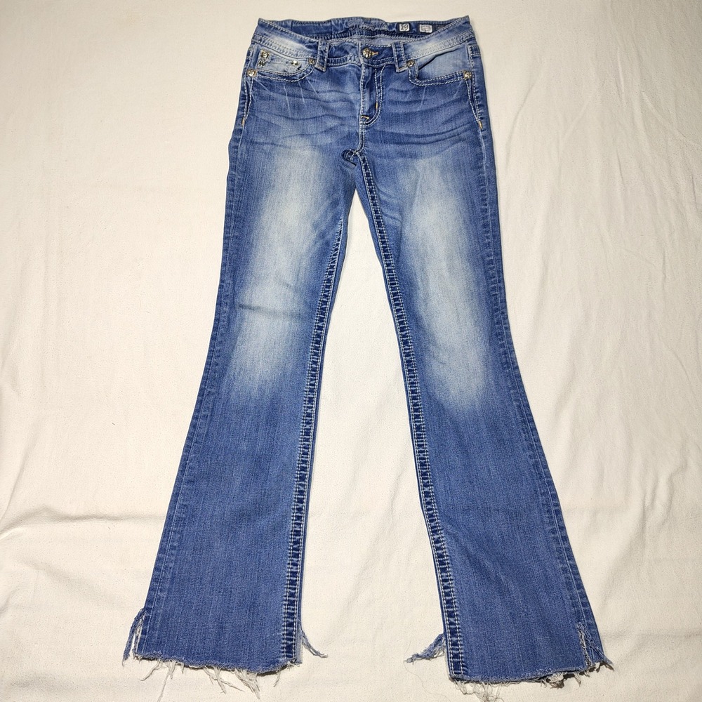 Miss Me Women Jeans 29 Mid Rise Slim Boot Faux Flap Raw Hem Embellished